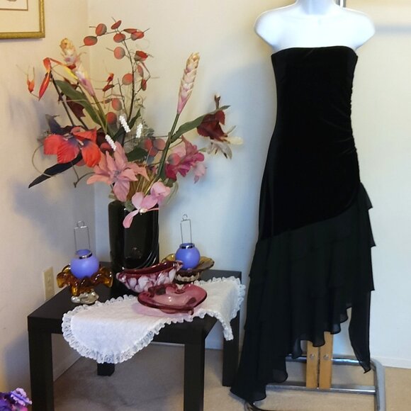 Vintage M Collection Black Maxi Evening Dress VTG Elegant Ruffled Strapless Gown - Picture 5 of 12